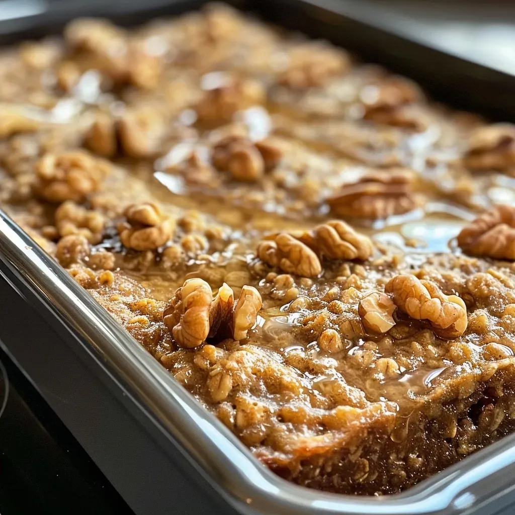 ['Close-up side view of Maple Walnut Oatmeal Bake with golden-brown crust and visible walnuts.', 'Delicious Maple Walnut Oatmeal Bake presented in a baking dish, showcasing its texture and ingredients.', 'Side angle of Maple Walnut Oatmeal Bake, highlighting the oats and nuts, with a drizzle of maple syrup.', 'Textured surface of Maple Walnut Oatmeal Bake, featuring walnuts and a warm golden hue.']