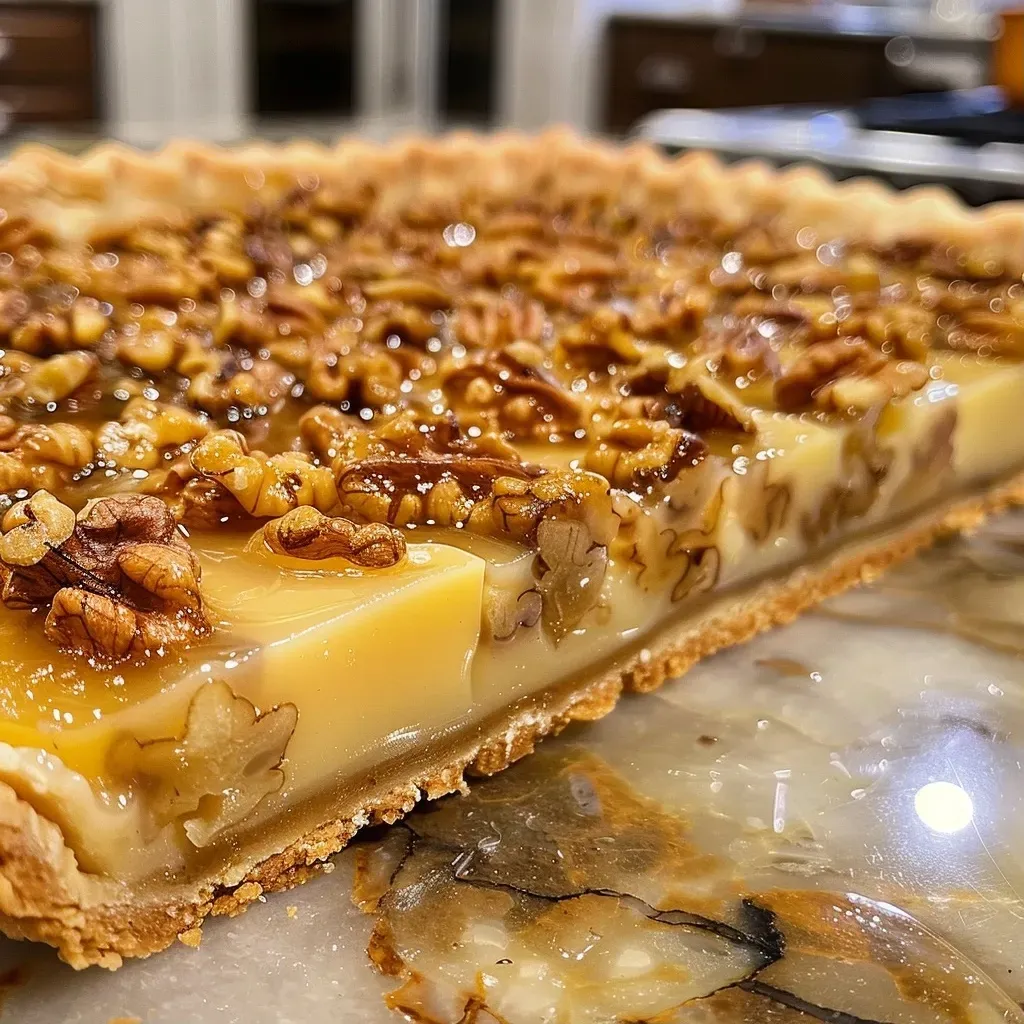 ['A side view close-up of a Maple Walnut Tart showcasing its golden crust and glossy filling.', 'Detailed view of a Maple Walnut Tart with visible chopped walnuts and a rich maple glaze.', 'Close-up image of a slice of Maple Walnut Tart highlighting its flaky crust and nutty topping.', 'Side profile of a Maple Walnut Tart featuring an enticing caramelized surface and walnuts.']