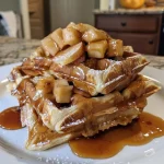 ['Close-up view of a stack of Miso Caramel Apple Waffles topped with caramel drizzle and diced apples.', 'Side view of a plate of delicious Miso Caramel Apple Waffles with a rich caramel sauce and fresh apple pieces.', 'Juicy Miso Caramel Apple Waffles with a golden-brown crust and a glossy caramel topping.', 'A tempting arrangement of Miso Caramel Apple Waffles garnished with grated and diced apples.']
