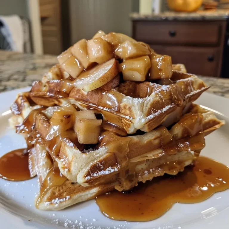 ['Close-up view of a stack of Miso Caramel Apple Waffles topped with caramel drizzle and diced apples.', 'Side view of a plate of delicious Miso Caramel Apple Waffles with a rich caramel sauce and fresh apple pieces.', 'Juicy Miso Caramel Apple Waffles with a golden-brown crust and a glossy caramel topping.', 'A tempting arrangement of Miso Caramel Apple Waffles garnished with grated and diced apples.']