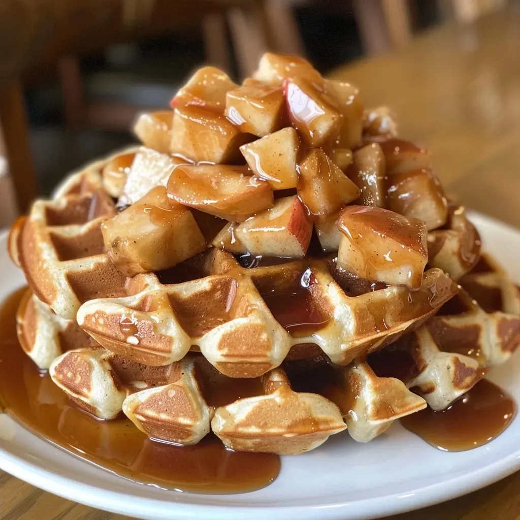 ['Close-up view of a stack of Miso Caramel Apple Waffles topped with caramel drizzle and diced apples.', 'Side view of a plate of delicious Miso Caramel Apple Waffles with a rich caramel sauce and fresh apple pieces.', 'Juicy Miso Caramel Apple Waffles with a golden-brown crust and a glossy caramel topping.', 'A tempting arrangement of Miso Caramel Apple Waffles garnished with grated and diced apples.']