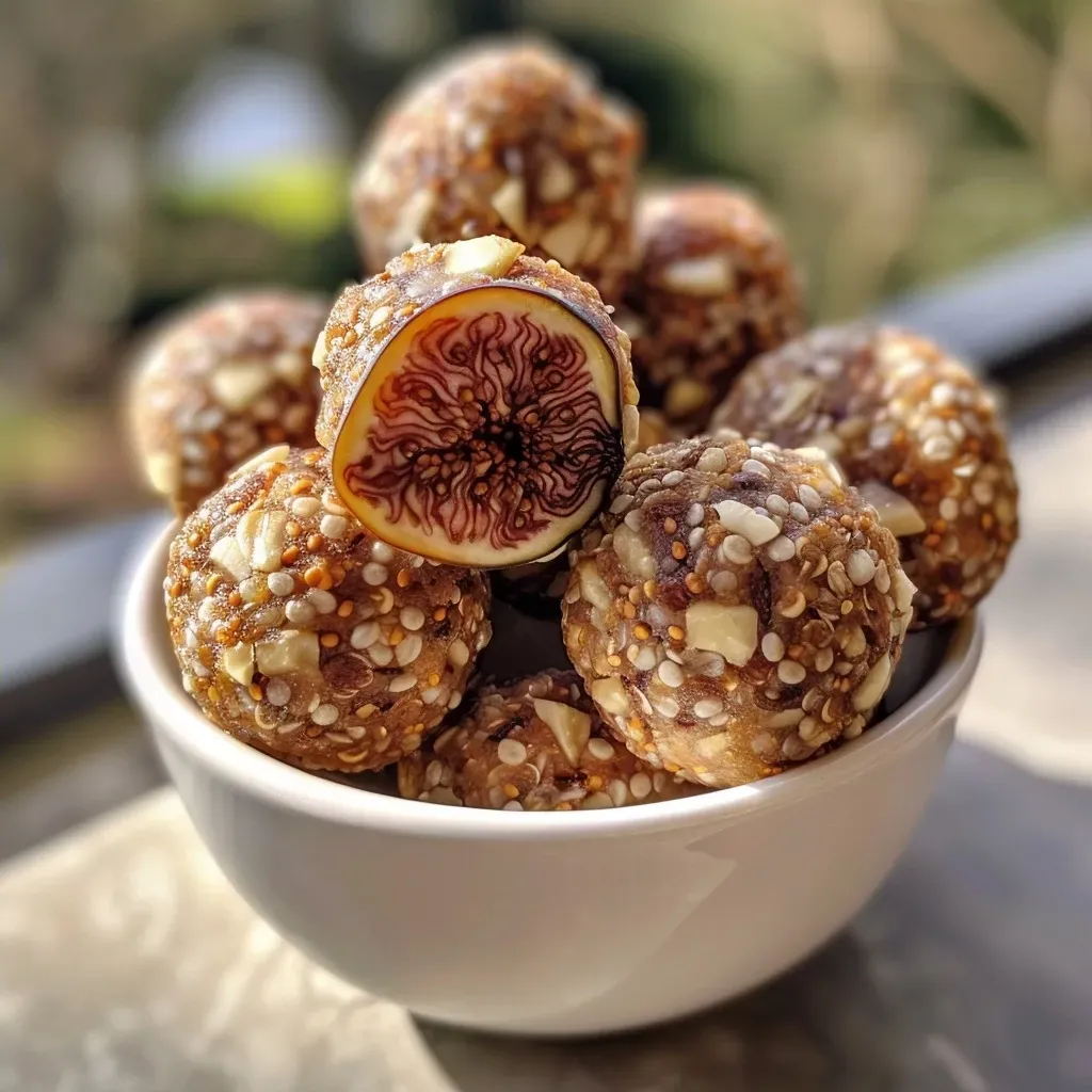 ['Close-up of No Bake Vanilla Fig Protein Balls topped with nuts.', 'Side view of juicy protein balls made with figs and nuts.', 'Textured surface of vanilla protein balls featuring almonds and walnuts.', 'A delicious arrangement of no-bake fig protein balls on a plate.']