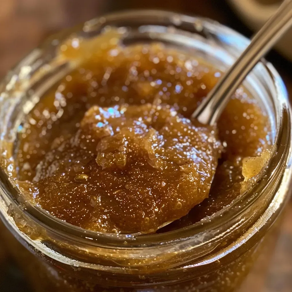 ['Close-up of a jar of No Sugar Apple Butter with rich, smooth texture.', 'Side view of apple butter in a jar, showcasing its thick consistency and warm color.', 'Detailed shot of creamy No Sugar Apple Butter, emphasizing its homemade appearance.', 'Close view of lush, brown apple butter with visible spice flecks in a glass jar.']