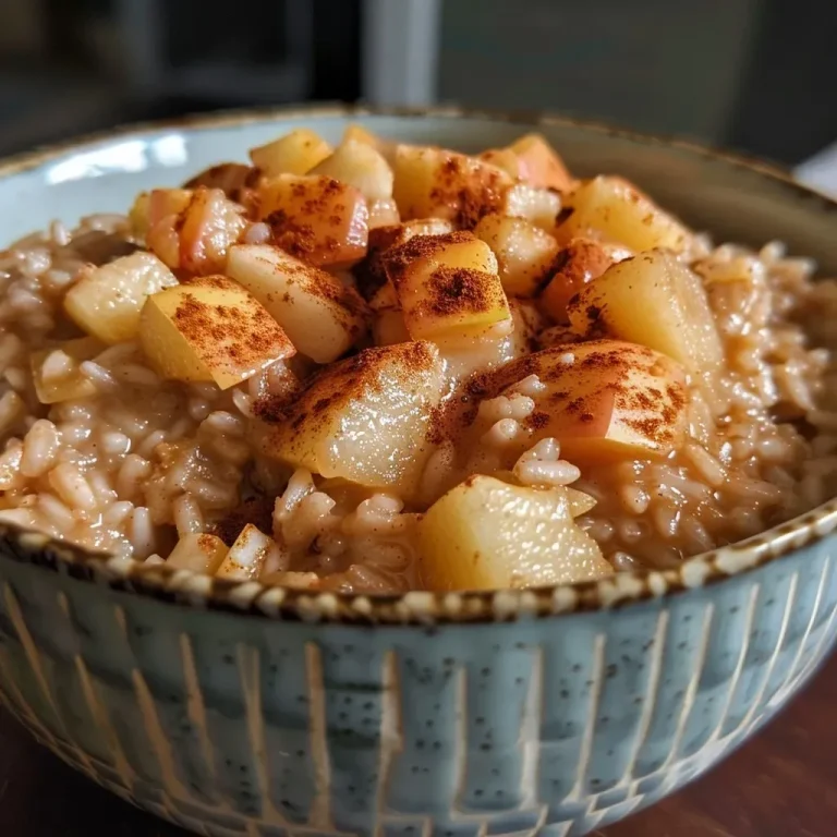 ['Close-up of creamy apple cinnamon risotto with apple chunks.', 'Side view of one-pot apple cinnamon breakfast risotto garnished with cinnamon.', 'Delicious breakfast risotto featuring diced apples and a sprinkle of cinnamon.', 'Close-up shot of creamy risotto with visible apple pieces and a cinnamon dusting.']