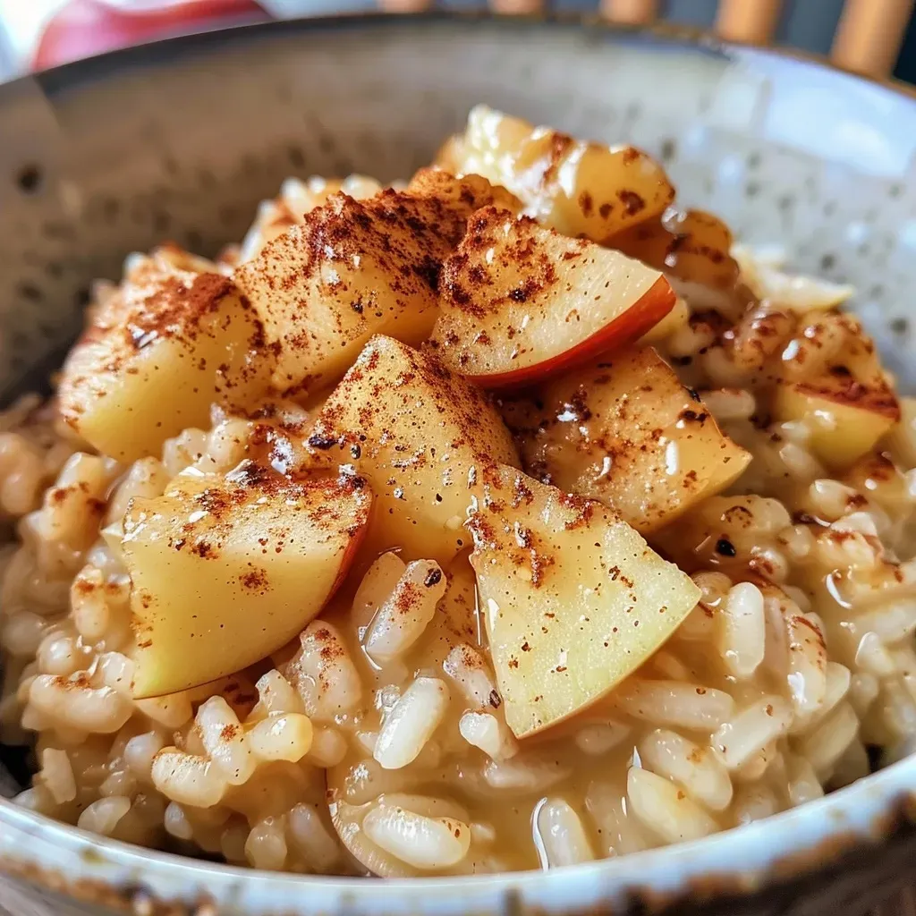 ['Close-up of creamy apple cinnamon risotto with apple chunks.', 'Side view of one-pot apple cinnamon breakfast risotto garnished with cinnamon.', 'Delicious breakfast risotto featuring diced apples and a sprinkle of cinnamon.', 'Close-up shot of creamy risotto with visible apple pieces and a cinnamon dusting.']