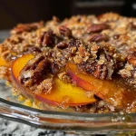 ['Close-up view of a golden-brown Peach Maple Pecan Crumble in a pie dish.', 'Side angle of a freshly baked Peach Maple Pecan Crumble topped with crushed pecans.', 'Mouthwatering Peach Maple Pecan Crumble with juicy peach slices and a crunchy topping.', 'Detailed view of a homemade Peach Maple Pecan Crumble, showcasing its crispy crust and fruit filling.']