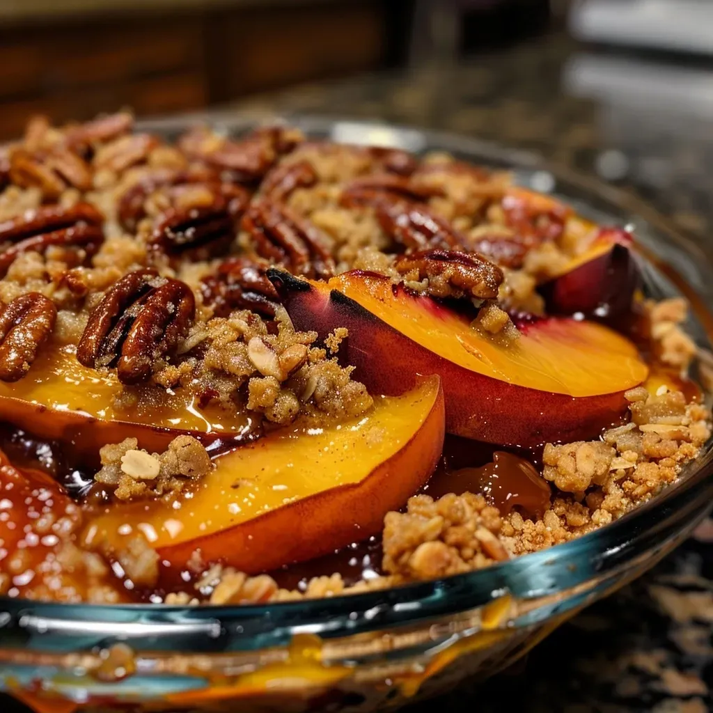 Close-up view of a golden-brown Peach Maple Pecan Crumble in a pie dish.