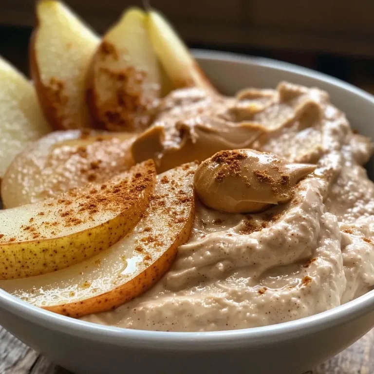 ['Close-up of a juicy pear sliced and served with peanut butter yogurt dip.', 'Side view of fresh pear slices accompanied by a creamy peanut butter dip.', 'A small bowl of peanut butter yogurt dip next to pear slices on a plate.', 'Juicy pear wedges displayed with a dollop of peanut butter yogurt dip.']