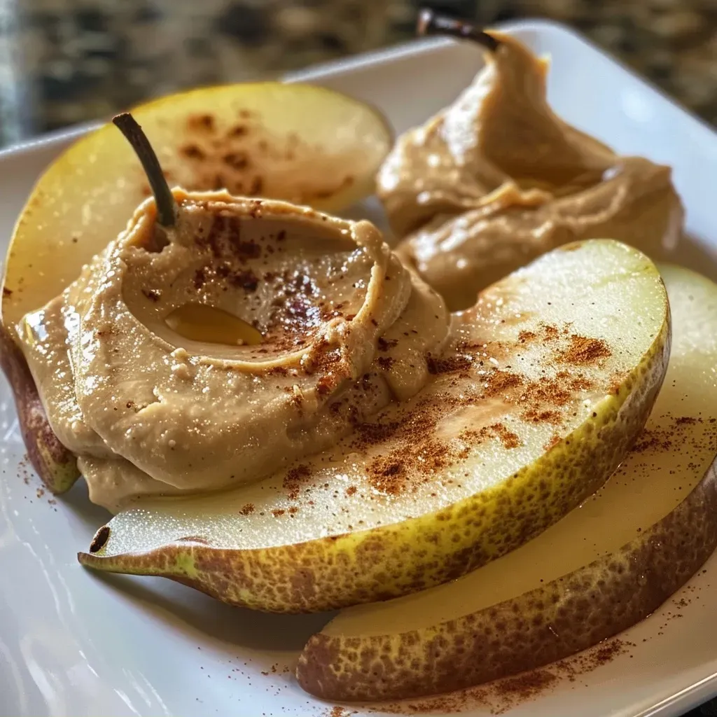 ['Close-up of a juicy pear sliced and served with peanut butter yogurt dip.', 'Side view of fresh pear slices accompanied by a creamy peanut butter dip.', 'A small bowl of peanut butter yogurt dip next to pear slices on a plate.', 'Juicy pear wedges displayed with a dollop of peanut butter yogurt dip.']