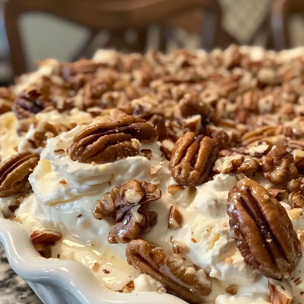 ['Close-up view of creamy pecan pie dip in a serving bowl.', 'Side angle of a delicious pecan pie dip with chopped pecans on top.', 'Creamy dessert dip showcasing a rich mix of pecans and cream cheese.', 'Tasty pecan pie dip displayed in a bowl, highlighting its creamy texture.']