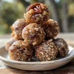 ['Close-up view of Pecan Pie Energy Bites arranged on a wooden surface, showcasing their texture and color.', 'Side view of delicious Pecan Pie Energy Bites rolled in crushed pecans, highlighting their glossy exterior.', 'Juicy Pecan Pie Energy Bites displayed on a plate, with a few pecans scattered around for garnish.', 'A cluster of Pecan Pie Energy Bites on a rustic table, emphasizing their appetizing appearance.']