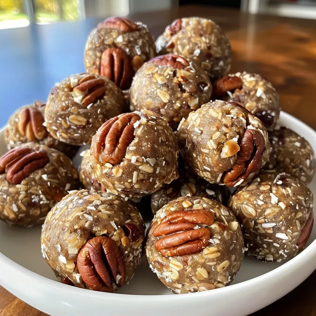 ['Close-up view of Pecan Pie Energy Bites arranged on a wooden surface, showcasing their texture and color.', 'Side view of delicious Pecan Pie Energy Bites rolled in crushed pecans, highlighting their glossy exterior.', 'Juicy Pecan Pie Energy Bites displayed on a plate, with a few pecans scattered around for garnish.', 'A cluster of Pecan Pie Energy Bites on a rustic table, emphasizing their appetizing appearance.']