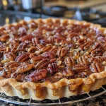['Close-up of a golden-brown pecan praline pie with a slice cut out.', 'Side view of a delicious pecan praline pie, showcasing its rich filling and crust.', 'Juicy, golden pecan praline pie on a plate with pecans sprinkled around.', 'A beautifully baked pecan praline pie with a glossy, caramelized top and toasted pecans.']