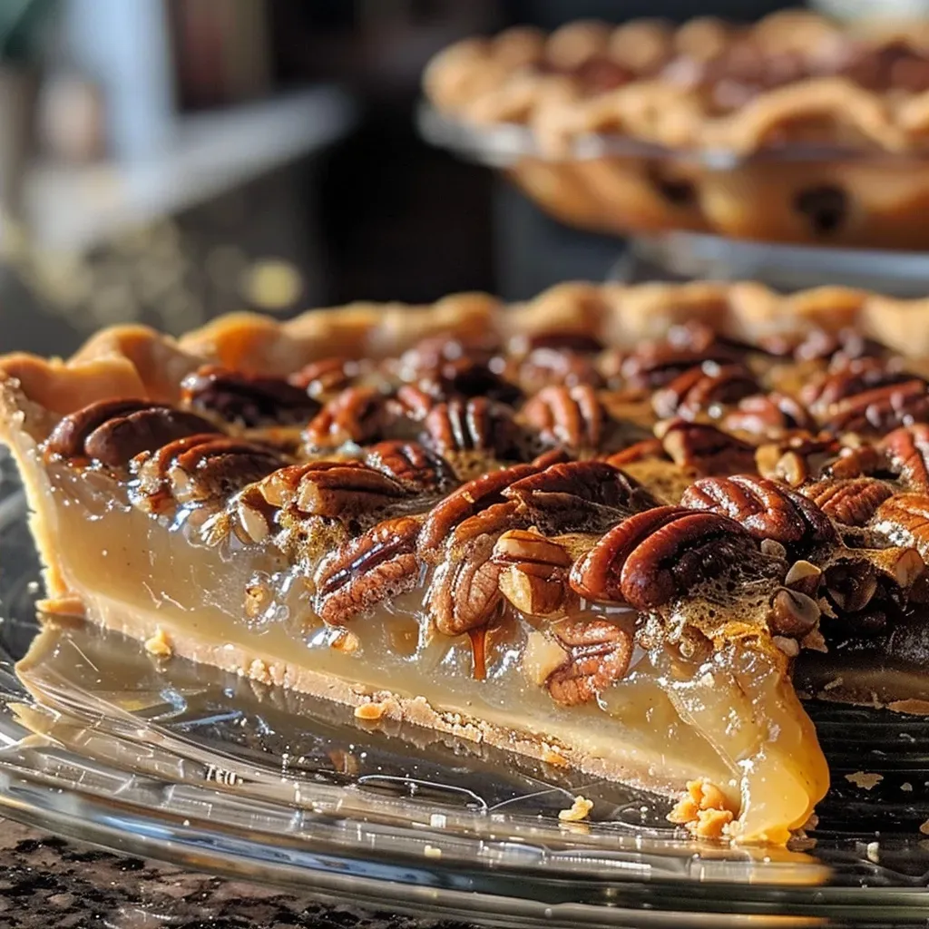 ['Close-up of a golden-brown pecan praline pie with a slice cut out.', 'Side view of a delicious pecan praline pie, showcasing its rich filling and crust.', 'Juicy, golden pecan praline pie on a plate with pecans sprinkled around.', 'A beautifully baked pecan praline pie with a glossy, caramelized top and toasted pecans.']