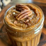 ['Close-up view of creamy Pecan Pumpkin Butter in a jar.', 'Side view of a delicious pile of Pecan Pumpkin Butter on a wooden table.', 'A small dish filled with Pecan Pumpkin Butter, showcasing its rich texture.', 'Juicy Pecan Pumpkin Butter spread on a slice of bread.']