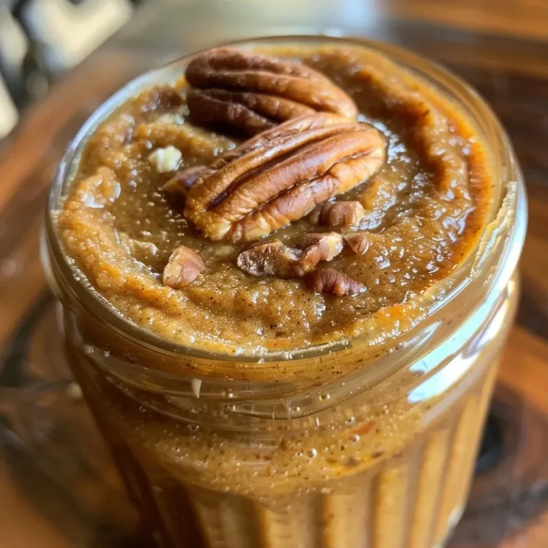['Close-up view of creamy Pecan Pumpkin Butter in a jar.', 'Side view of a delicious pile of Pecan Pumpkin Butter on a wooden table.', 'A small dish filled with Pecan Pumpkin Butter, showcasing its rich texture.', 'Juicy Pecan Pumpkin Butter spread on a slice of bread.']