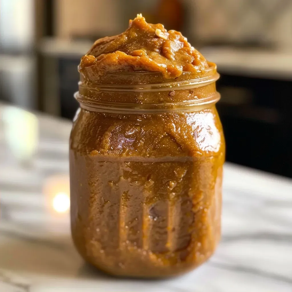 Close-up view of creamy Pecan Pumpkin Butter in a jar.