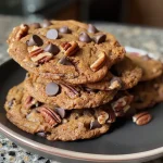 ['A close-up side view of Pecan Pumpkin Chocolate Chip Cookies on a plate.', 'Juicy Pecan Pumpkin Chocolate Chip Cookies with visible chocolate chips and pecans.', 'A delicious arrangement of freshly baked Pecan Pumpkin Chocolate Chip Cookies.', 'Golden-brown Pecan Pumpkin Chocolate Chip Cookies showcased against a soft background.']