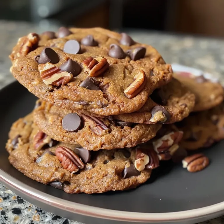 ['A close-up side view of Pecan Pumpkin Chocolate Chip Cookies on a plate.', 'Juicy Pecan Pumpkin Chocolate Chip Cookies with visible chocolate chips and pecans.', 'A delicious arrangement of freshly baked Pecan Pumpkin Chocolate Chip Cookies.', 'Golden-brown Pecan Pumpkin Chocolate Chip Cookies showcased against a soft background.']