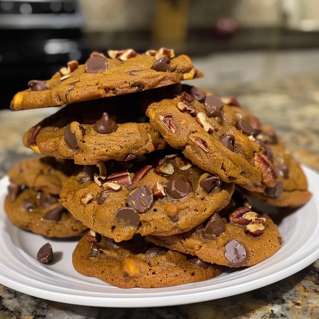 ['A close-up side view of Pecan Pumpkin Chocolate Chip Cookies on a plate.', 'Juicy Pecan Pumpkin Chocolate Chip Cookies with visible chocolate chips and pecans.', 'A delicious arrangement of freshly baked Pecan Pumpkin Chocolate Chip Cookies.', 'Golden-brown Pecan Pumpkin Chocolate Chip Cookies showcased against a soft background.']