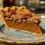 ['A close-up side view of a Pecan Pumpkin Pie on a plate.', 'Deliciously layered Pecan Pumpkin Pie with a golden crust and pecans on top.', 'A beautifully baked Pecan Pumpkin Pie with a rich, creamy filling and pecan garnish.', 'Side view of a slice of Pecan Pumpkin Pie showing its flaky crust and pumpkin filling.']