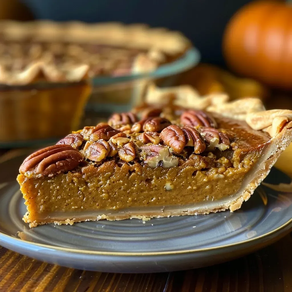 ['A close-up side view of a Pecan Pumpkin Pie on a plate.', 'Deliciously layered Pecan Pumpkin Pie with a golden crust and pecans on top.', 'A beautifully baked Pecan Pumpkin Pie with a rich, creamy filling and pecan garnish.', 'Side view of a slice of Pecan Pumpkin Pie showing its flaky crust and pumpkin filling.']