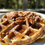 ['A close-up side view of golden-brown pecan waffles topped with chopped pecans.', 'Delicious pecan waffles served on a plate, showcasing their fluffy texture and nutty topping.', 'An enticing photo of pecan waffles, featuring a side view that highlights their crispy edges and soft center.', 'Juicy pecan waffles with a sprinkle of toasted pecans on top, captured from a side angle.']