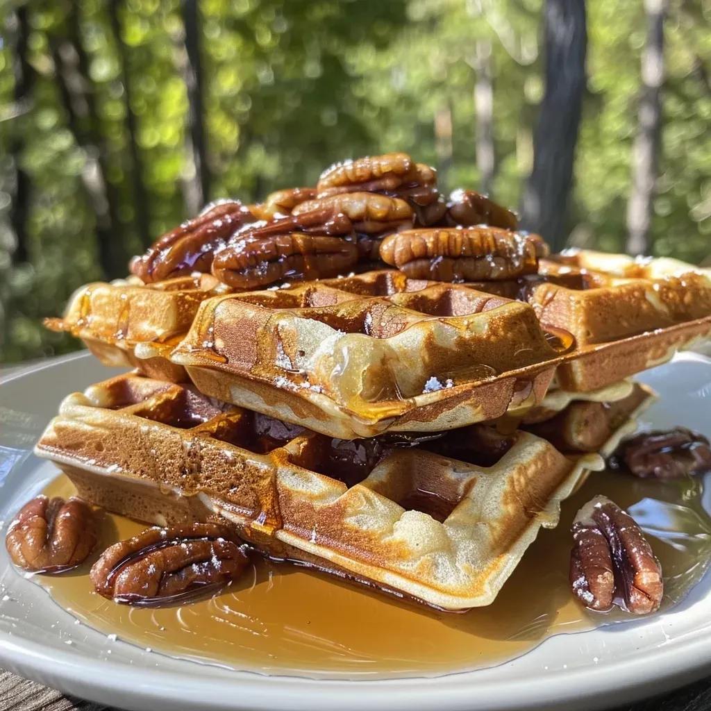 ['A close-up side view of golden-brown pecan waffles topped with chopped pecans.', 'Delicious pecan waffles served on a plate, showcasing their fluffy texture and nutty topping.', 'An enticing photo of pecan waffles, featuring a side view that highlights their crispy edges and soft center.', 'Juicy pecan waffles with a sprinkle of toasted pecans on top, captured from a side angle.']