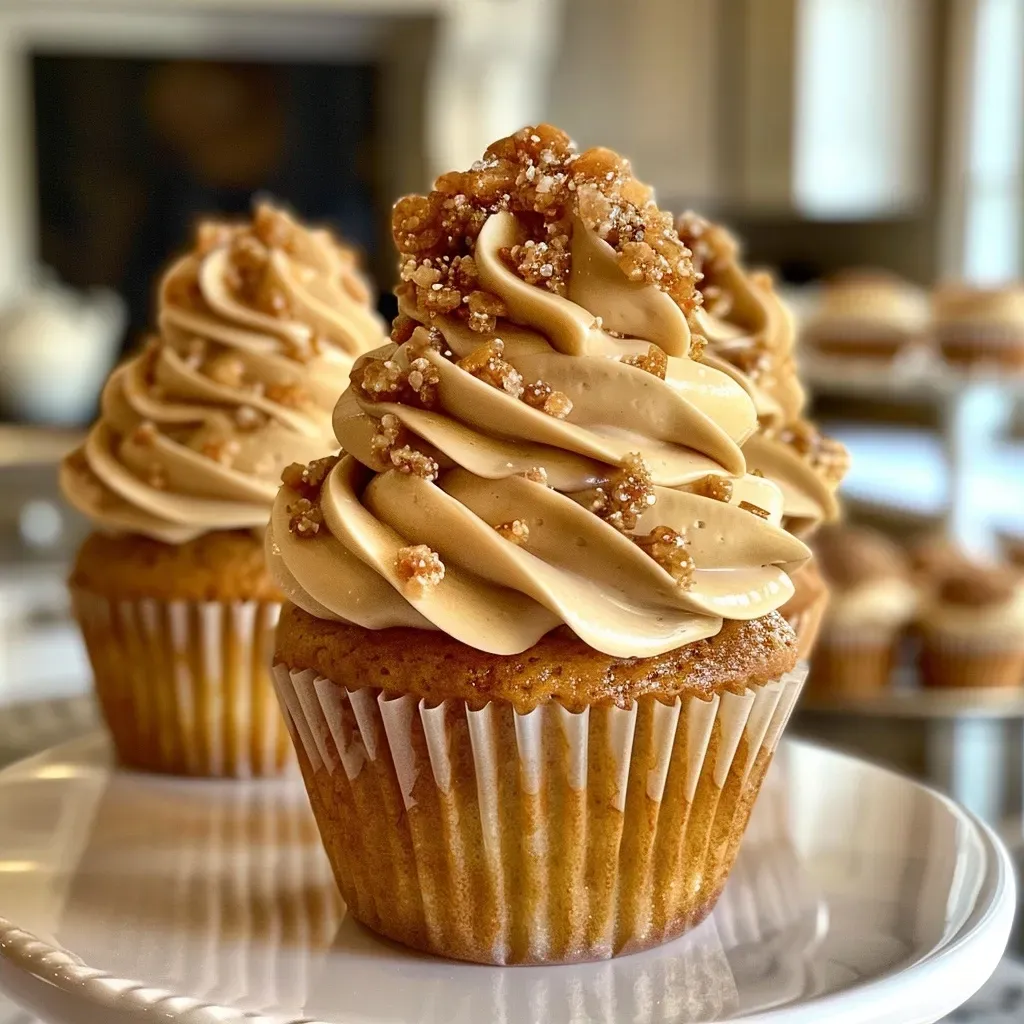 ['Close-up view of a beautifully frosted praline cupcake topped with toffee bits.', 'Side view of a decadent praline cupcake showcasing its rich frosting and toffee crumb topping.', 'A detailed image of a praline cupcake with a creamy frosting and sprinkled toffee bits.', 'Close-up shot of a moist praline cupcake featuring a glossy caramel-like frosting and toffee pieces.']