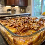 ['Close-up view of a freshly baked Praline Pecan French Toast Casserole topped with pecans.', 'Side angle of a warm French toast casserole, showcasing its rich, gooey texture and crunchy pecan topping.', 'Delicious Praline Pecan French Toast Casserole served in a dish, highlighting its golden brown crust and creamy filling.', 'Appetizing shot of a French toast casserole with a generous layer of praline pecan topping, ready to be served.']