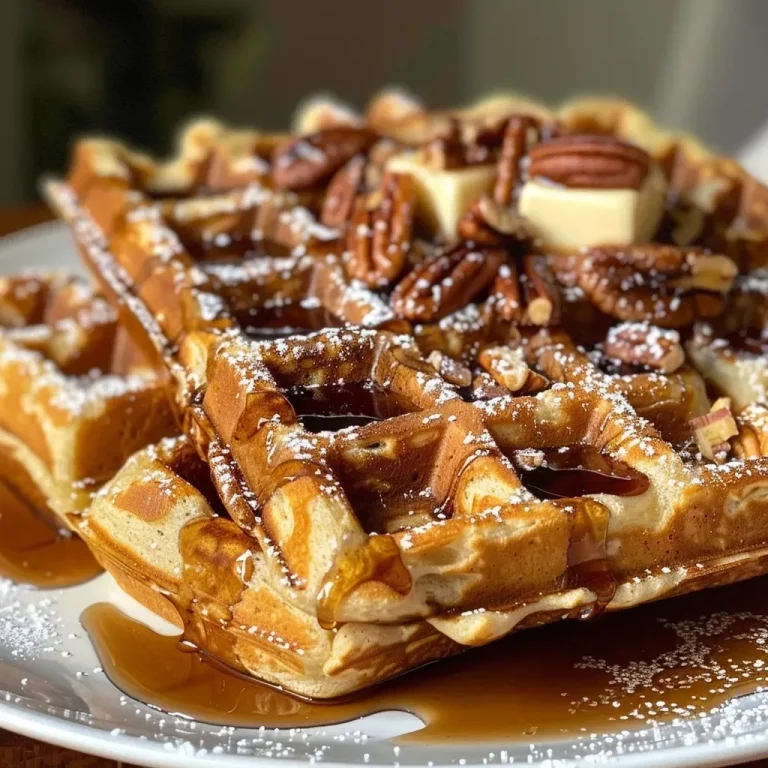 ['Close-up view of golden-brown praline waffles topped with pecans and syrup.', 'Side profile of delicious praline waffles showcasing a crispy exterior and rich toppings.', 'Succulent praline waffles with a drizzle of maple syrup and chopped pecans.', 'Tasty praline waffles served with melted butter and a glistening syrup layer.']