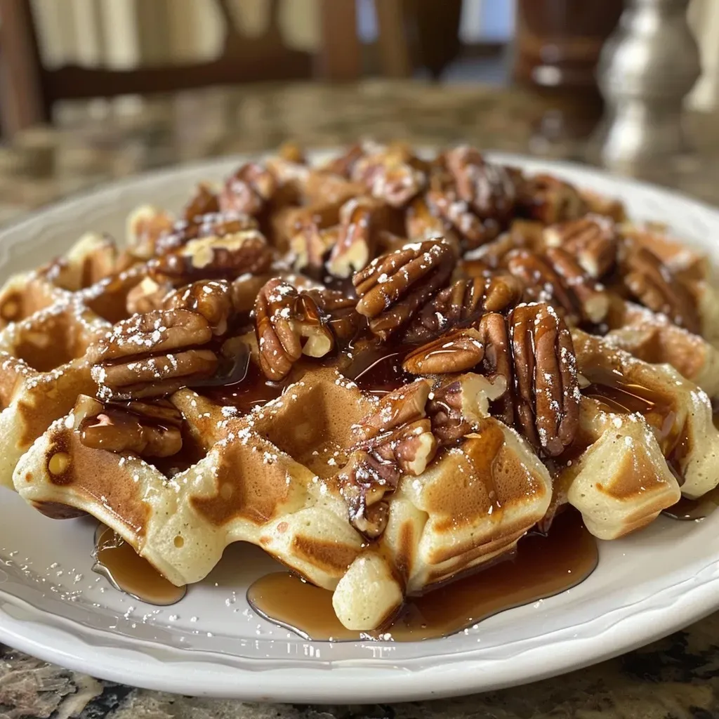 Close-up view of golden-brown praline waffles topped with pecans and syrup.