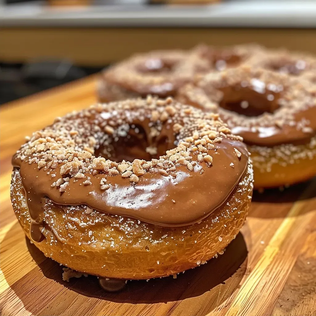 ['Close-up view of a protein donut topped with icing and sprinkled with cinnamon.', 'Side profile of moist Prune Apple Cinnamon Protein Donut with a golden-brown exterior.', 'Detailed image of a donut showing a fluffy interior and a glistening glaze.', 'A delicious protein-rich donut with bits of apple and prunes visible in the batter.']