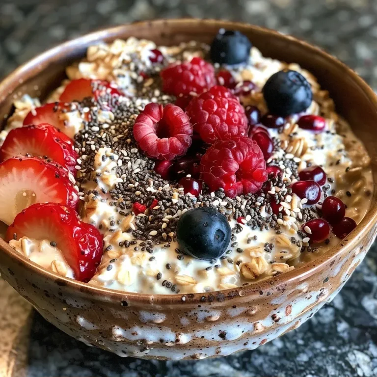 ['Close-up view of creamy Protein Overnight Oats topped with fresh fruit.', 'Side shot of layered Protein Overnight Oats in a clear jar with colorful toppings.', 'Juicy Protein Overnight Oats showcasing a mix of oats, yogurt, and chia seeds.', 'Close-up of a bowl of Protein Overnight Oats with a spoon beside it.']