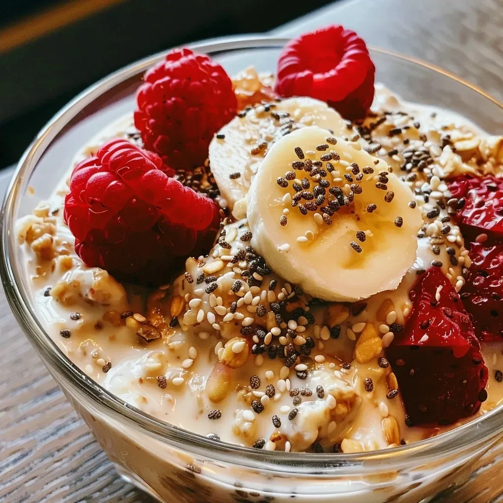 ['Close-up view of creamy Protein Overnight Oats topped with fresh fruit.', 'Side shot of layered Protein Overnight Oats in a clear jar with colorful toppings.', 'Juicy Protein Overnight Oats showcasing a mix of oats, yogurt, and chia seeds.', 'Close-up of a bowl of Protein Overnight Oats with a spoon beside it.']