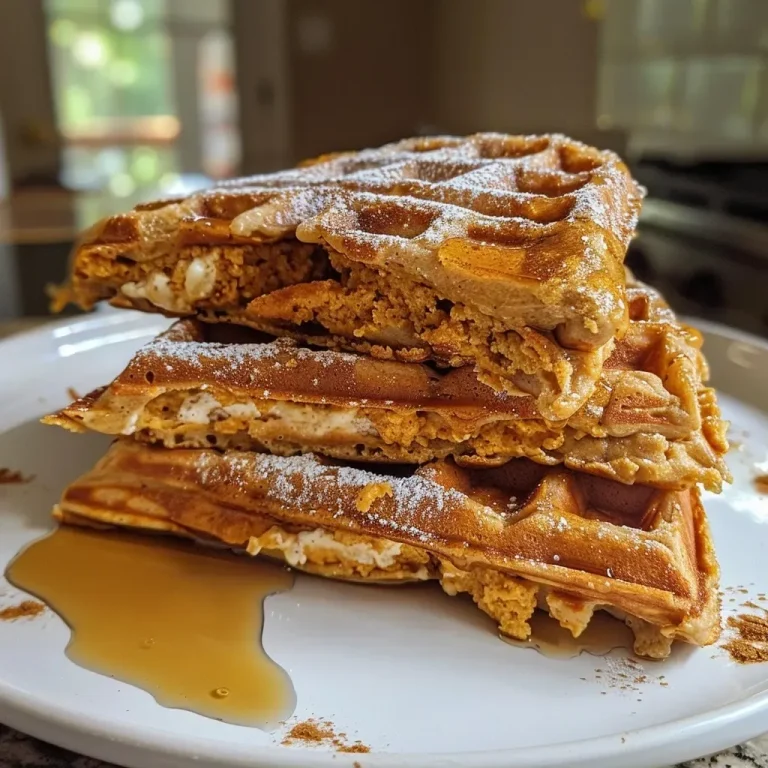 ['Close-up view of golden-brown protein pumpkin waffles with a fluffy texture.', 'Delicious protein pumpkin waffles stacked, showcasing a crispy exterior and soft interior.', 'Side view of protein pumpkin waffles, highlighting their rich color and toppings.', 'Juicy protein pumpkin waffles on a plate, displaying a warm and inviting appearance.']