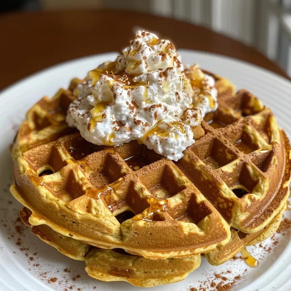 ['Close-up view of golden-brown protein pumpkin waffles with a fluffy texture.', 'Delicious protein pumpkin waffles stacked, showcasing a crispy exterior and soft interior.', 'Side view of protein pumpkin waffles, highlighting their rich color and toppings.', 'Juicy protein pumpkin waffles on a plate, displaying a warm and inviting appearance.']