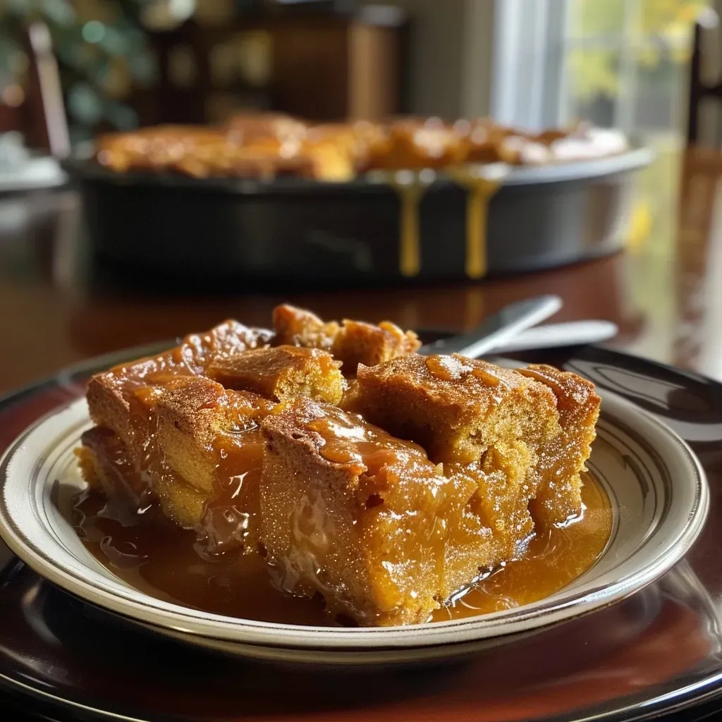 Close-up of a slice of pumpkin bread pudding with visible chunks of bread and creamy texture.