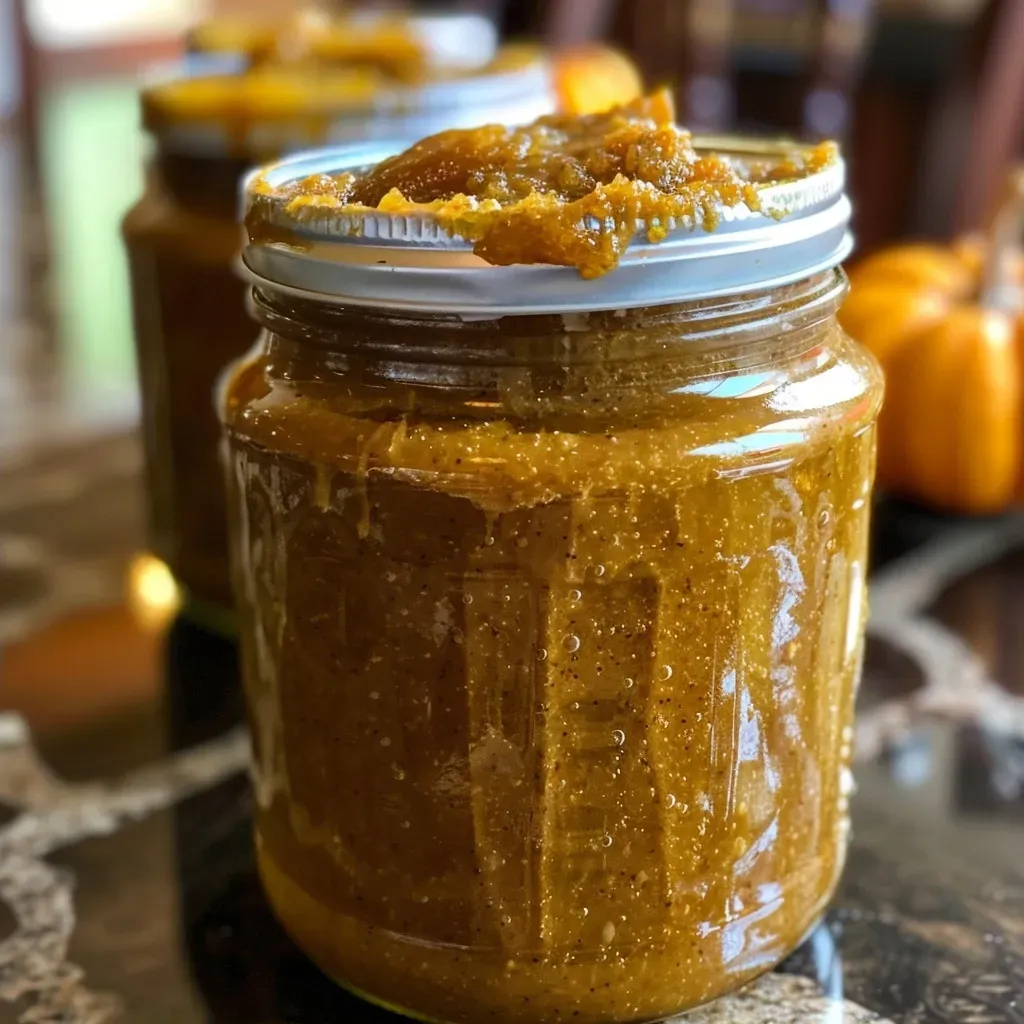 A close-up view of creamy pumpkin butter in a glass jar.
