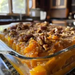 ['Close-up side view of a delicious Pumpkin Casserole topped with chopped pecans.', 'Juicy Pumpkin Casserole displayed in a baking dish, showcasing its creamy texture.', 'Side angle of a freshly baked Pumpkin Casserole with a golden crust and nutty topping.', 'Appetizing close-up of Pumpkin Casserole, emphasizing its rich pumpkin color and ingredients.']