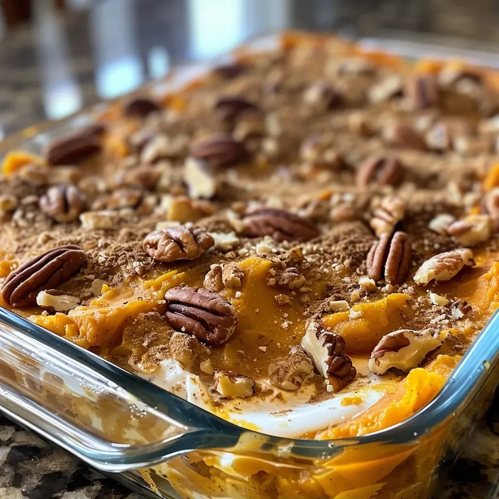 ['Close-up side view of a delicious Pumpkin Casserole topped with chopped pecans.', 'Juicy Pumpkin Casserole displayed in a baking dish, showcasing its creamy texture.', 'Side angle of a freshly baked Pumpkin Casserole with a golden crust and nutty topping.', 'Appetizing close-up of Pumpkin Casserole, emphasizing its rich pumpkin color and ingredients.']