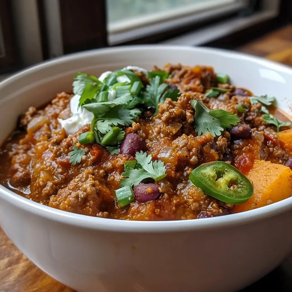 ['Close-up of a hearty pumpkin chili in a bowl, showcasing ingredients like beans and ground turkey.', 'Side view of a steaming bowl of pumpkin chili, highlighting its rich texture and vibrant colors.', 'Detailed photo of pumpkin chili featuring diced vegetables and a sprinkle of herbs, served in an appetizing manner.', 'Close-up image of a delicious pumpkin chili filled with red kidney beans and chunks of pumpkin.']