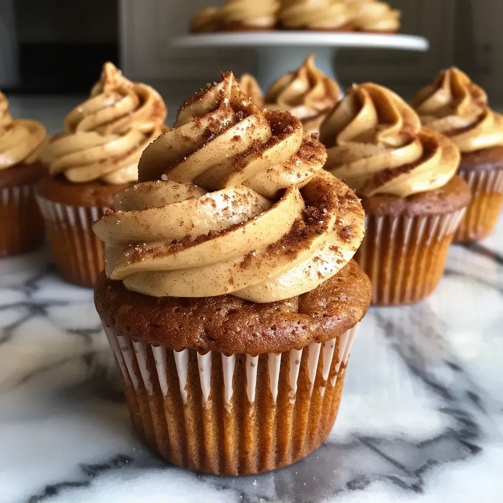 ['Close-up side view of moist pumpkin cupcakes topped with brown butter frosting.', 'Beautifully decorated pumpkin cupcakes with creamy brown butter frosting.', 'Side view of delicious pumpkin cupcakes showcasing rich brown butter frosting.', 'Close-up of scrumptious pumpkin cupcakes adorned with golden brown butter icing.']