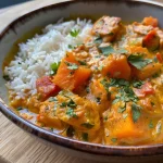 ['Close-up view of a vibrant pumpkin curry in a bowl, showcasing colorful vegetables.', 'Detailed image of pumpkin curry garnished with fresh herbs, served with rice.', 'Side perspective of a hearty pumpkin curry dish, highlighting its rich texture and spices.', 'Appetizing pumpkin curry with a variety of colorful ingredients displayed in a deep plate.']