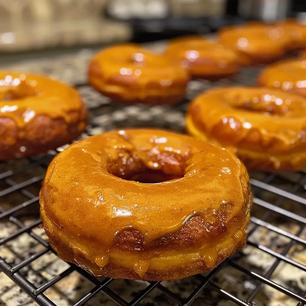 ['Close-up view of a pumpkin donut with a glossy glaze and sprinkles.', 'A side view of a freshly baked pumpkin donut topped with cream cheese icing.', 'Juicy pumpkin donut photographed from the side, showcasing its fluffy texture.', 'Delicious pumpkin donut highlighted with a creamy frosting and a sprinkle of cinnamon.']