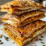 ['Close-up view of a pumpkin flaky pastry filled with caramelized onions and cheddar cheese.', 'Side view of a golden brown gluten-free pastry featuring pumpkin, onions, and cheese.', 'Flaky pastry cut open, revealing a filling of pumpkin, cheddar, and caramelized onions.', 'Rustic pumpkin pastry with a crispy crust and visible chunks of caramelized onions and cheese.']