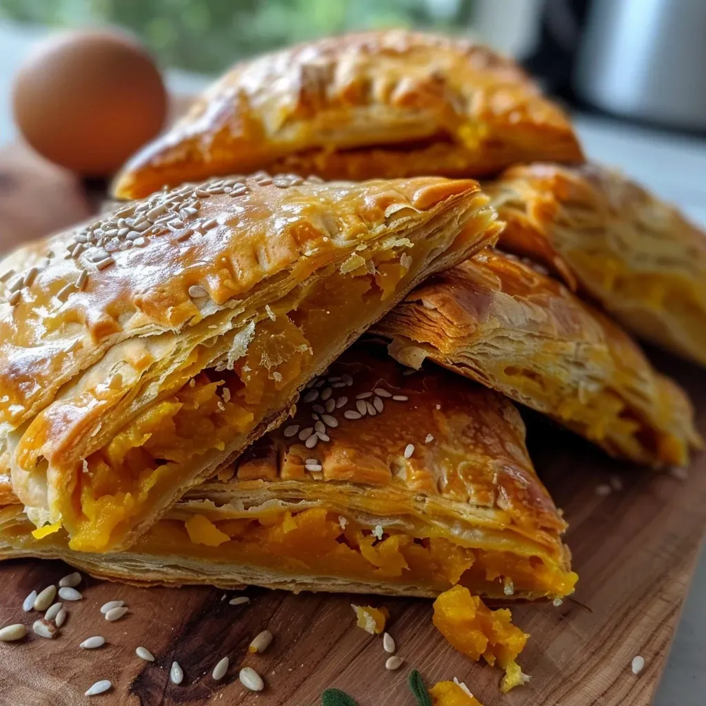 ['Close-up view of a pumpkin flaky pastry filled with caramelized onions and cheddar cheese.', 'Side view of a golden brown gluten-free pastry featuring pumpkin, onions, and cheese.', 'Flaky pastry cut open, revealing a filling of pumpkin, cheddar, and caramelized onions.', 'Rustic pumpkin pastry with a crispy crust and visible chunks of caramelized onions and cheese.']
