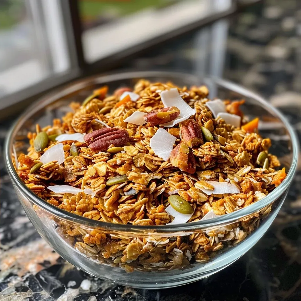 Close-up view of golden-brown Pumpkin Granola with visible pumpkin seeds and cranberries.