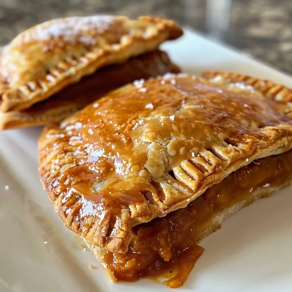 ['Close-up view of golden-brown pumpkin hand pies with flaky crusts.', 'Side view of freshly baked pumpkin hand pies with a glossy finish.', 'Juicy pumpkin hand pies with a crispy exterior and visible filling.', 'Delicious pumpkin hand pies arranged on a rustic wooden surface.']