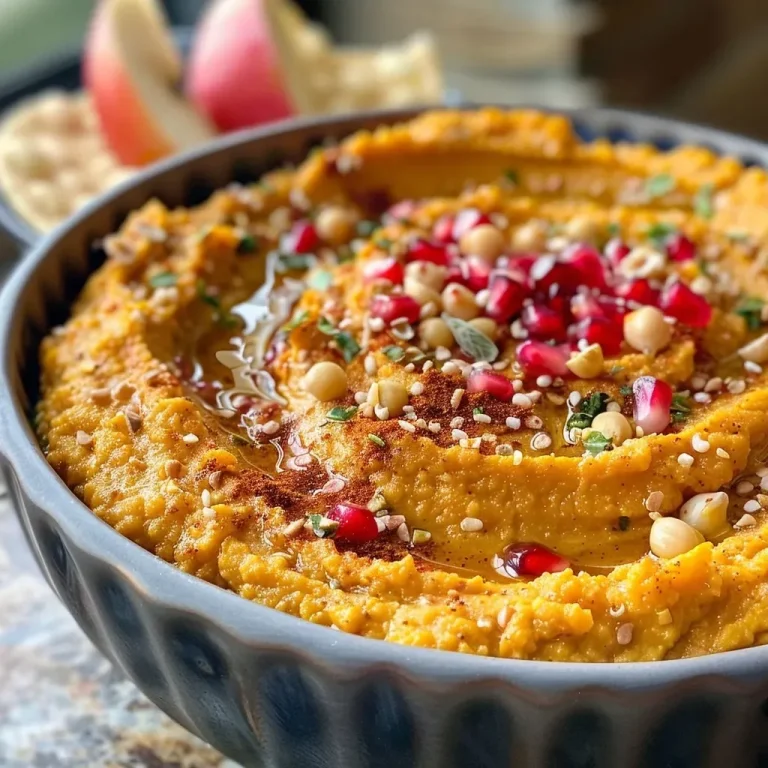 ['Close-up view of creamy pumpkin hummus in a bowl with a drizzle of olive oil.', 'Side angle of pumpkin hummus displayed with pomegranate arils and toasted pepitas.', 'Smooth pumpkin hummus topped with fresh rosemary and served with pita chips.', 'Bowl of pumpkin hummus with sliced apples, carrots, and a splash of olive oil.']